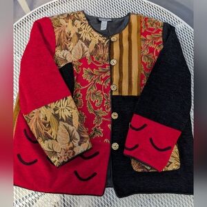 Indigo MOON Quilted Red Black Tapestry Button-Up Jacket 2x